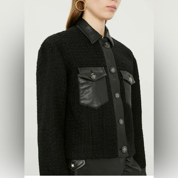 Sandro Black Cropped Leather Trim Button Front Tweed  Boucle Jacket Size 10 - Picture 4 of 17